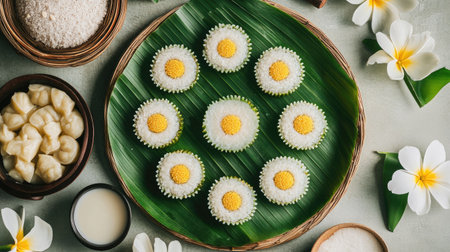 Overhead shot of Med Kanoon Thai desserts, arranged in a circular pattern on a banana leaf, styled with natural light and minimalistic decor.の素材