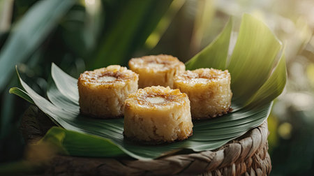 Med Kanoon desserts arranged neatly on a woven basket lined with banana leaves, styled with soft natural light and fresh tropical decor.の素材