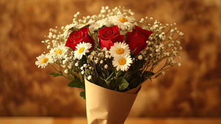 This stunning bouquet features vibrant red roses and fresh white daisies, artfully arranged with delicate greenery, perfect for any occasion or celebration.の素材