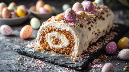 Artisanal Easter carrot roll cake with thick cream cheese frosting, topped with pastel chocolate eggs and sugar sprinkles, styled on a textured surfaceの素材