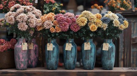 Multi-colored chrysanthemums in tall ceramic vases placed on a rustic wooden shelf with price tags attached, ready for sale.の素材