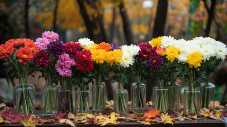 Mixed-colored chrysanthemums in glass vases, placed on a garden table with leaves scattered around, creating an autumn vibe.の素材