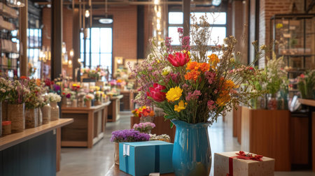 Modern flower shop interior with colorful floral arrangements displayed alongside decorative vases and gift boxes.の素材