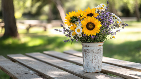 Small, cheerful bouquet of sunflowers, daisies, and lavender in a rustic ceramic vase, styled on a picnic table outdoors.の素材