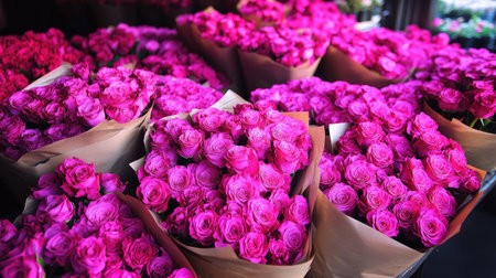 Stacks of pink rose bouquets wrapped in kraft paper, placed on a display table at a vibrant outdoor flower market.の素材