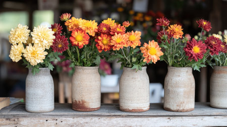 Vases of chrysanthemums in mixed shades of orange, red, and yellow, placed on wooden crates in a rustic market setting.の素材