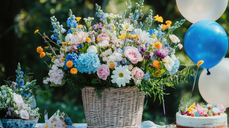 Vibrant birthday bouquet of multicolored summer flowers in a wicker basket, surrounded by balloons and a cake on an outdoor table.の素材