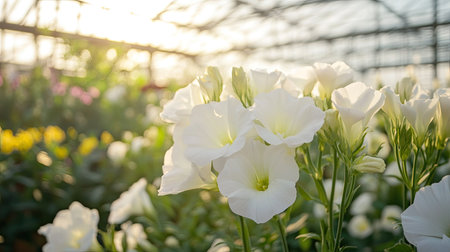 Close-up of fresh white lisianthus flowers illuminated by natural sunlight in a Dutch greenhouse.の素材