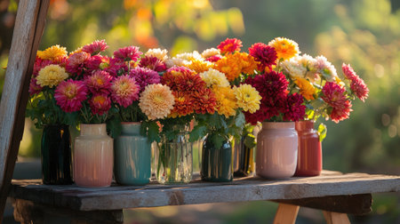Brightly colored chrysanthemums arranged in elegant vases, styled on an outdoor flower stand with soft sunlight.の素材