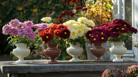 Brightly colored chrysanthemums arranged in elegant vases, styled on an outdoor flower stand with soft sunlight.の素材