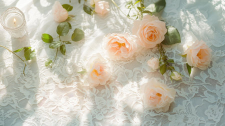 Delicate arrangement of soft pink roses on a white lace tablecloth, surrounded by tea candles for a romantic atmosphere.の素材