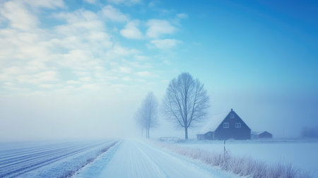 Dutch agricultural fields in winter with high-voltage pylons and wires contrasting against the vivid blue sky of a sunny day.の素材