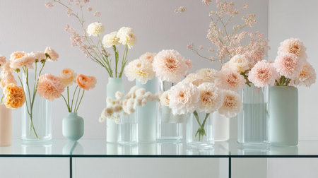 Elegant vases of pastel-colored chrysanthemums, arranged on a modern glass table in a bright, minimalist flower boutique.の素材