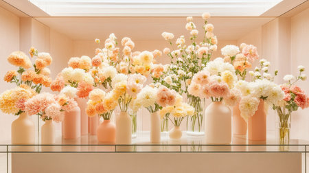 Elegant vases of pastel-colored chrysanthemums, arranged on a modern glass table in a bright, minimalist flower boutique.の素材