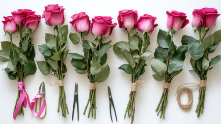 Flat-lay of multiple pink rose bouquets, surrounded by scissors, ribbons, and twine, on a clean white surface.の素材