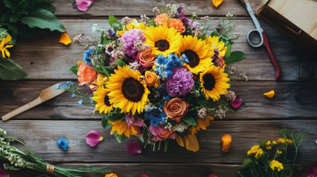 Flat-lay of a vibrant summer bouquet with sunflowers, daisies, and cornflowers, placed on a wooden table with scattered petals and tools.の素材