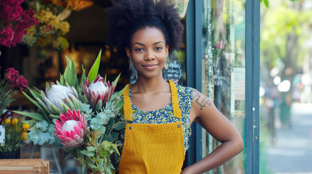 Florist presenting a rich bouquet of proteas, succulents, and roses in earthy tones, standing by a shop window.の素材