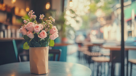 Elegant close-up of freshly bloomed pink roses wrapped in kraft paper, resting on a chic modern caf table.の素材