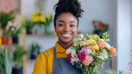 Florist in a modern apron smiling while holding a vibrant bouquet of mixed seasonal flowers in a shop filled with fresh blooms.の素材