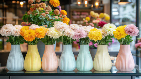 Elegant vases of pastel-colored chrysanthemums, arranged on a modern glass table in a bright, minimalist flower boutique.の素材