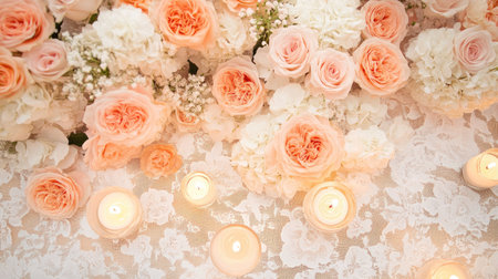 Delicate arrangement of soft pink roses on a white lace tablecloth, surrounded by tea candles for a romantic atmosphere.の素材