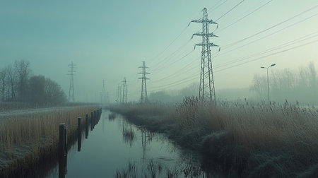High-voltage pylons connected by lines, positioned on a sunlit Dutch grassland with a vivid blue winter sky as the backdrop.の素材