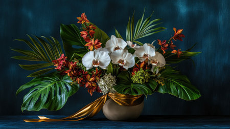 Gorgeous modern bouquet of tropical flowers and monstera leaves, styled with a chic gold ribbon.の素材