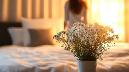 Flower-decorated welcome note on a luxury hotel bed with a blurred housekeeper's silhouette in the background, creating a serene and inviting atmosphere.の素材