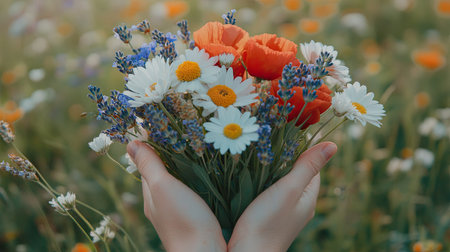 Hands holding a beautiful summer bouquet of daisies, poppies, and lavender, with a field of flowers visible in the distance.の素材