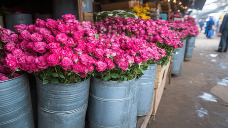 Large bundles of pink roses displayed in galvanized steel buckets, placed in rows outside a flower vendor's stall.の素材