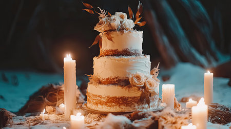 Boho-style beach wedding cake with natural floral accents, surrounded by driftwood and candlelit decor.の素材