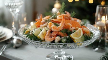 Christmas-style seafood salad with prawns and salmon, decorated with fresh dill and lemon wedges on a holiday table.の素材