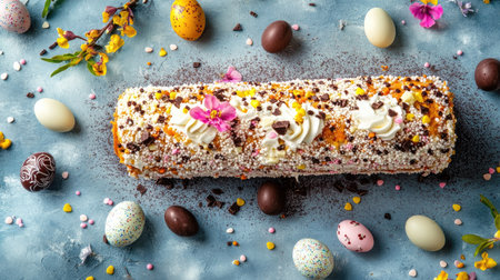 Beautifully decorated Easter carrot roll cake with creamy frosting, sugar sprinkles, and chocolate eggs, placed on a modern textured surfaceの素材