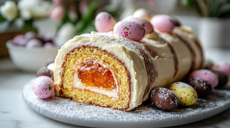 Beautifully crafted Easter carrot roll cake with rich frosting, vibrant carrot jelly, chocolate eggs, and a sprinkle of sugar, served on a festive tableの素材