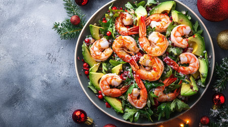 Christmas-themed seafood salad with shrimp, avocado, and salmon, styled with festive table decor.の素材