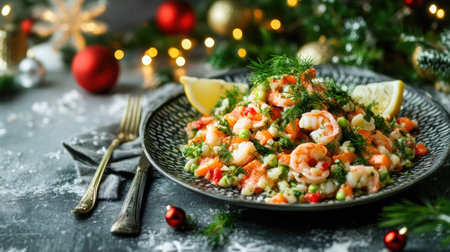 Christmas-style seafood salad with prawns and salmon, decorated with fresh dill and lemon wedges on a holiday table.の素材