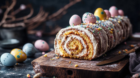 Classic Easter dessert display featuring a neatly sliced carrot roll cake with festive chocolate egg decorations and pastel sprinkles, moody backgroundの素材