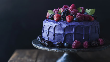 Celestial-inspired birthday cake with elegant deep blue frosting and an artistic arrangement of berries.の素材