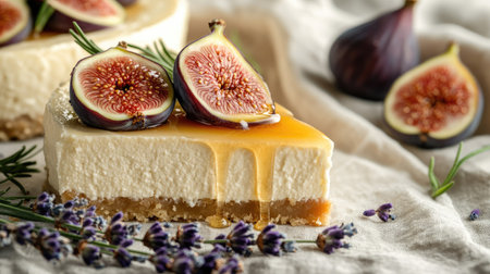 Close-up of a cheesecake slice dripping with honey, topped with fresh figs and lavender, placed on a rustic linen tablecloth.の素材