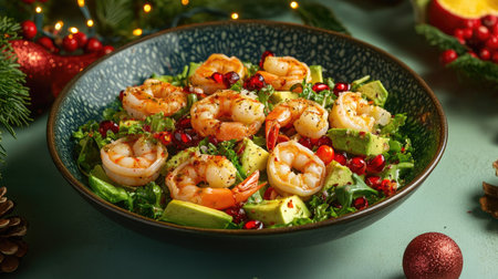 Christmas-themed seafood salad with shrimp, avocado, and salmon, styled with festive table decor.の素材