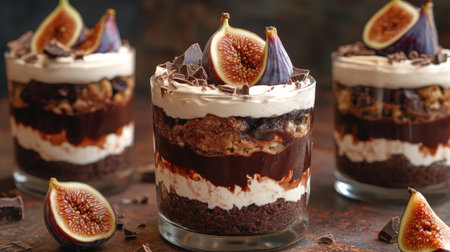 Close-up of a chocolate trifle layered with buttercream, fig slices, and chocolate shavings, presented in a dessert glass with a rustic background.の素材