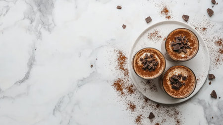 Minimalist breakfast composition with glasses of chocolate chia overnight oats, styled on a white plate with scattered cocoa powder and room for textの素材