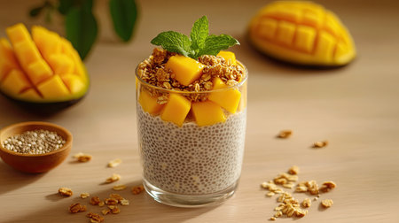 Minimalist presentation of chia pudding with mango and granola in a clear glass, placed on a light wooden table with scattered seeds and mint garnishの素材