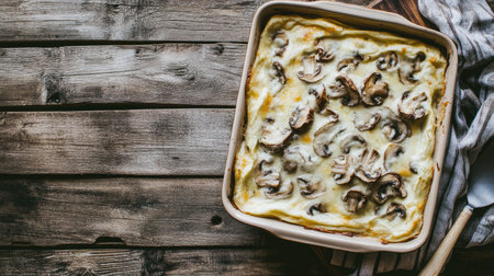 Oven-baked sweet paprikas stuffed with mushrooms in cream sauce and melted cheese, served in a ceramic baking dish, placed on a wooden table with space for textの素材