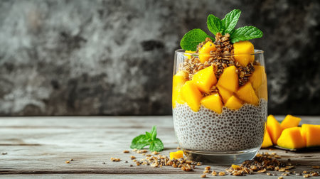 Minimalist presentation of chia pudding with mango and granola in a clear glass, placed on a light wooden table with scattered seeds and mint garnishの素材