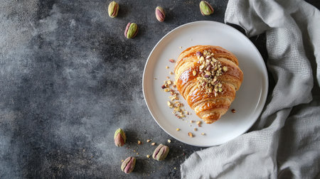 Overhead shot of a croissant with pistachio glaze and crushed nuts on a minimalist white plate, surrounded by pistachio halves and a gray clothの素材