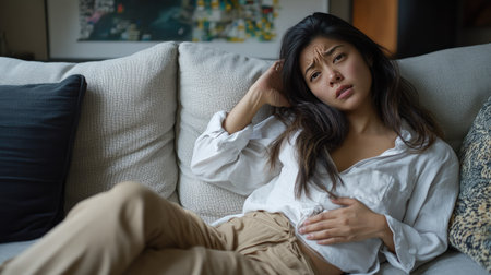 Modern home setting with an Asian woman curled up on a sofa in agony, hand on her stomach, showing symptoms of flatulence or gastritis.の素材