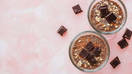 Overhead shot of chocolate chia overnight oats in transparent glasses, topped with chocolate chunks and cocoa powder, styled with clean copy spaceの素材