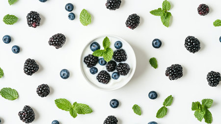 Overhead shot of a white bowl containing Greek yogurt, blackberries, and blueberries, surrounded by mint leaves and loose berries on a white backgroundの素材