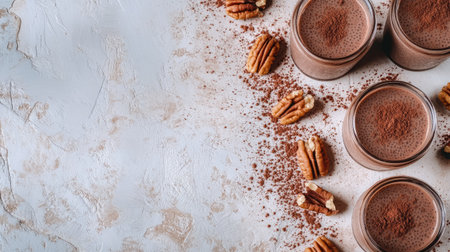Overhead shot of chocolate chia overnight oats in glasses, surrounded by cocoa powder and nuts, placed on a clean table with room for copy spaceの素材